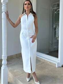 Women's Elegant Fashion Resort Style Solid Color Halter Neck High Slit Solid Color Single-Breasted Long Bodycon Maxi Dress, Elegant Lapel Cardigan Sexy Fitted Solid Color Maxi Dress White - White - View 11