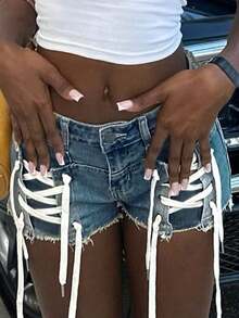 Y2K Streetwear Style Women's Distressed Retro Lace-Up Denim, Summer Elastic Jean Shorts Casual - Giặt vừa - Xem 7