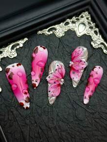 Bộ 10 miếng dán móng tay acrylic kim loại phong cách Punk Goth cổ điển - 10 miếng màu hồng, 10 miếng màu đỏ, 10 miếng màu nâu, 10 miếng màu vàng, họa tiết da báo, móng nhọn đính đá 3D, hoa vẽ tay, quả anh đào, hình tròn, trái tim, nơ, phù hợp cho tiệc Giáng sinh và sử dụng hàng ngày, bao gồm gel dán móng, miếng dán và dũa móng. Dành cho phụ nữ và bé gái. - Màu Hồng Tươi - Xem 8