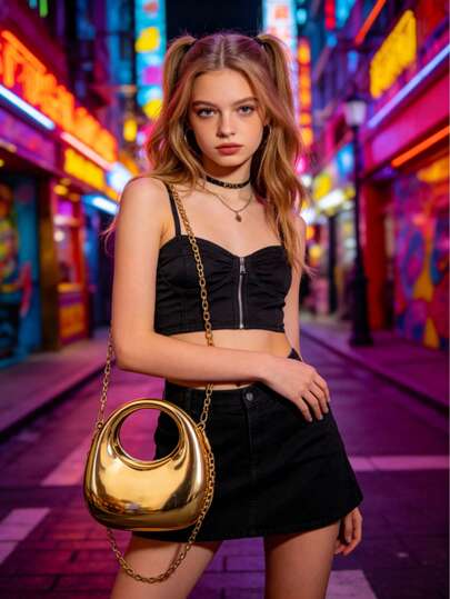 1 pieza Bolso de cadena acrílico en forma de media luna minimalista. Este novedoso bolso de cadena de alto brillo se puede usar como bolso de hombro y bolso de mano. Elegante y multifuncional, este bolso de hombro/bandolera para la noche es adecuado para adolescentes, viajes, uso diario, compras y uso diario. (Tenga en cuenta: el estilo de la cadena se selecciona al azar, confirme y acepte antes de realizar la compra.)