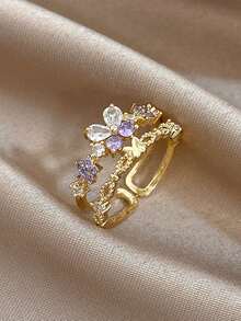 18K Gold Plated Anti-Fading Elegant Butterfly Heart Bow Zirconia Adjustable Ring Set, Women's Vintage Jewelry, For Valentines, Party, Gala, Daily, Dating, New Years, Wedding, Beach, Christmas Anniversary, Elegant Mom Gift Boho Jewelry Birthday Bridesmaid Gift Regal Elegant Accessory Set - Multicolor - View 9