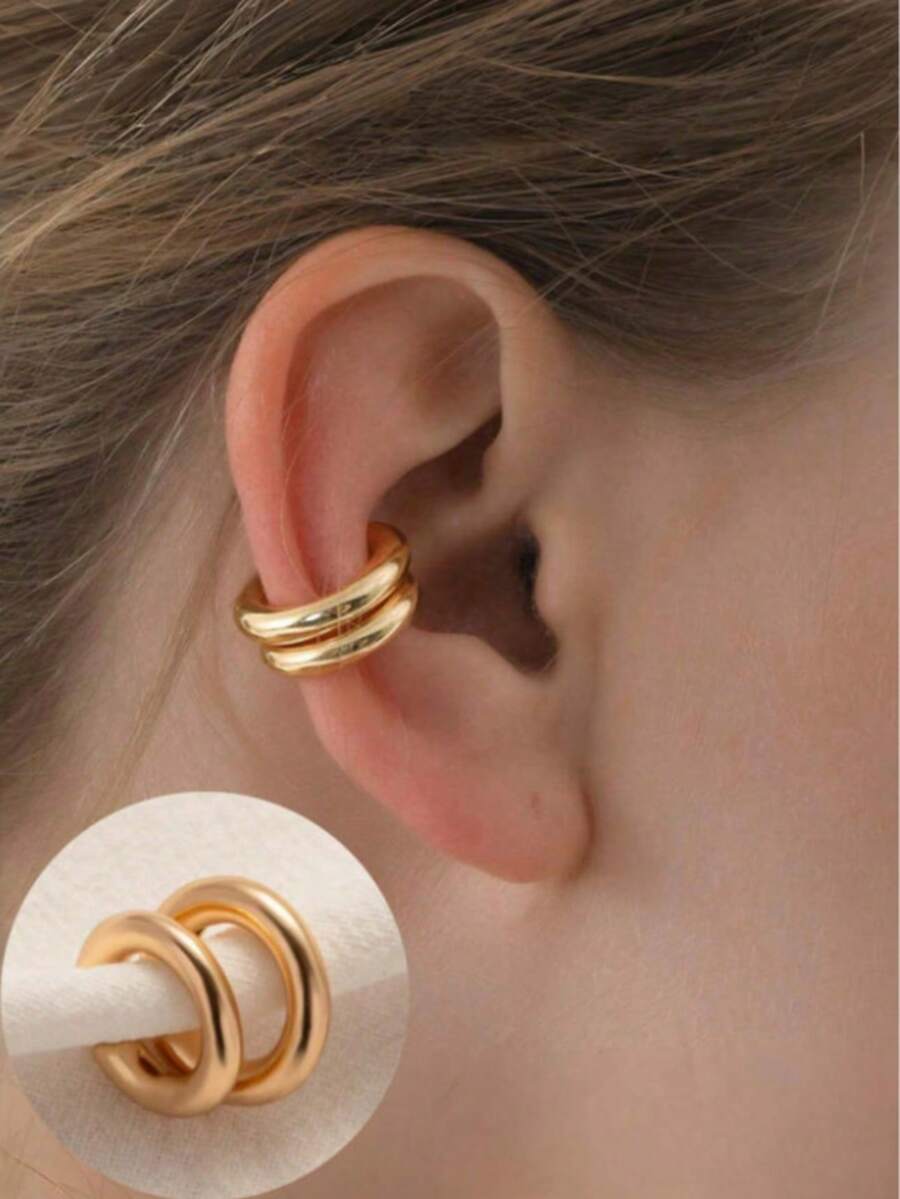 2 chiếc khuyên tai kẹp hình chữ C bằng kim loại bóng tối giản, kiểu vòng tròn kép hở, không cần xỏ lỗ tai, thoải mái và êm ái, thích hợp cho phụ nữ và bé gái, mùa hè, trang sức, lễ hội, phụ kiện. - Vàng - Xem 1