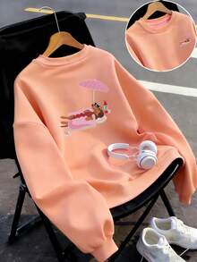 2026春夏時尚單品：男女同款100%純棉可愛狗狗撐度假圖案衛衣，春夏 衛衣、橙色上衣、春夏女士服裝、印花 衛衣、印花上衣、棉質上衣、高品質衛衣、復古風、學院風、可愛風、都市風、Z 世代風格、千禧一代風格、Y2K風格、龐克風、做舊風、極簡風、簡約風、休閒風、日常風、度假風、趣味印花圖案、薄衛衣 - 橘色 - 查看 2