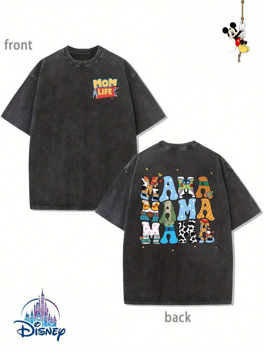 "Disney Authorized" Toy Story MAMA Double-Sided Printed Flowers, Genuine Authorized 1 Fashion Cartoon Short-Sleeved Design, Cartoon Short Sleeves, Men's Cotton Washed T-Shirts. Soft And Breathable, It Can Be Used As A Gift For Disney Lovers. - màu đen - Xem 1