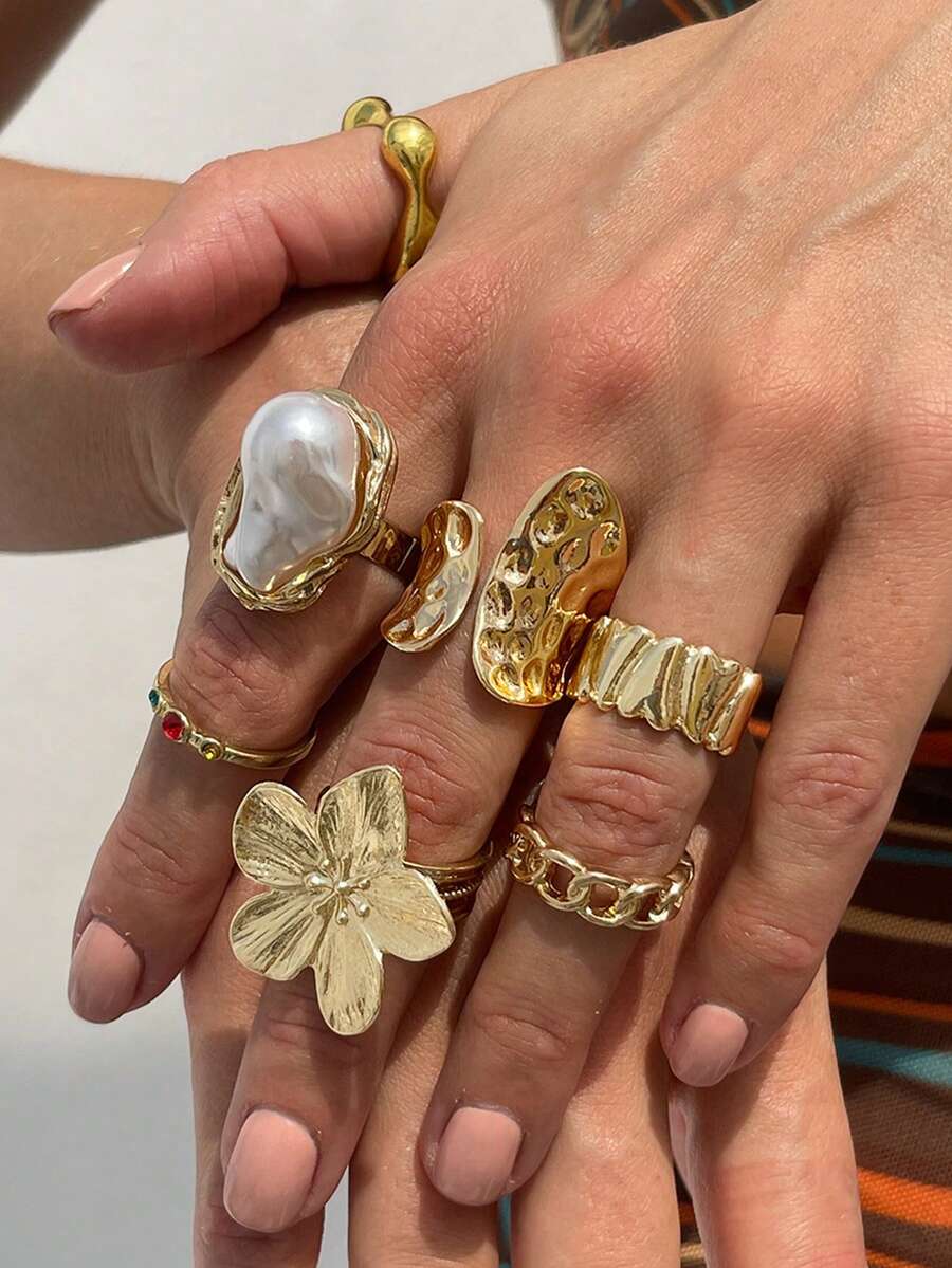 7pcs/Set Punk Style Ring Set, Vintage Geometric Rings Set For Women, Fashion Personalized Jewelry Gift, Suitable For Daily Outfit And Party Accessories