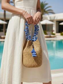 Woven Straw Bucket Bag Women Boho Crossbody Purse Pom Pom Handle Tassel Decor Beach Handbag Casual Summer Travel Shoulder Bag Retro Rattan Bucket Bag Cute Fringe Accent Sling Bag Fashion Vacation Woven Purse Lightweight Daily Use Handbag Popular Bohemian Style Bucket Bag Must-Have Summer Accessory Rattan Crossbody Bag Stylish Beach Purse Woven Tassel Bag Bohemian Bucket Purse - Dark Blue - Xem 2