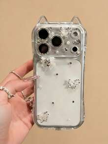 1个Y2K透明闪光钻石蝴蝶结手机壳，适用于 17 Pro Max 17 Pro Air 16 15 14 13 12 11 Pro Max Plus X XS XR 8 7，带卡通猫吊坠，柔软硅胶材质 - 白蝴蝶結 - 查看 1