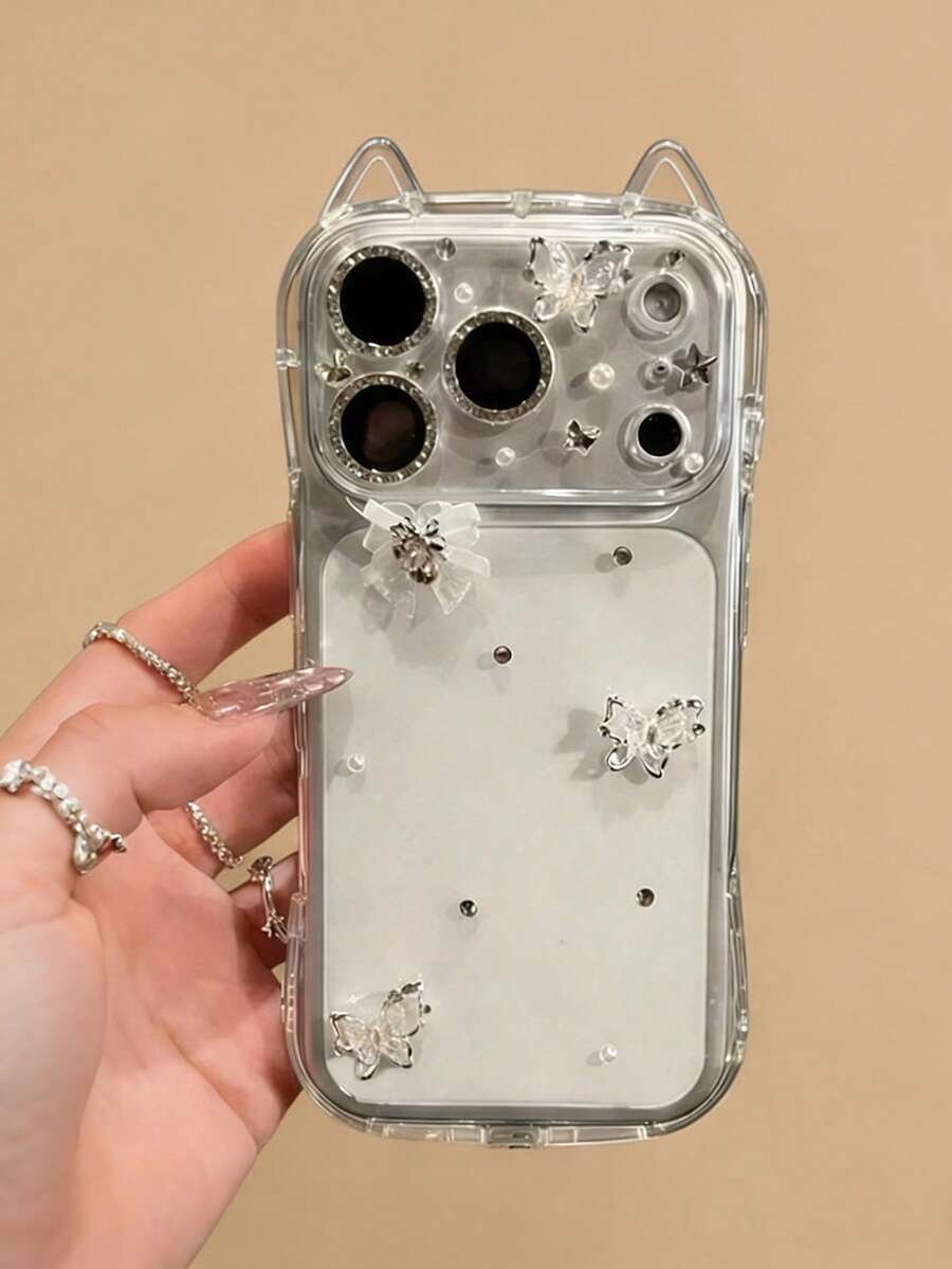 1个Y2K透明闪光钻石蝴蝶结手机壳,适用于 17 Pro Max 17 Pro Air 16 15 14 13 12 11 Pro Max Plus X XS XR 8 7,带卡通猫吊坠,柔软硅胶材质 - 白蝴蝶結 - 查看 1