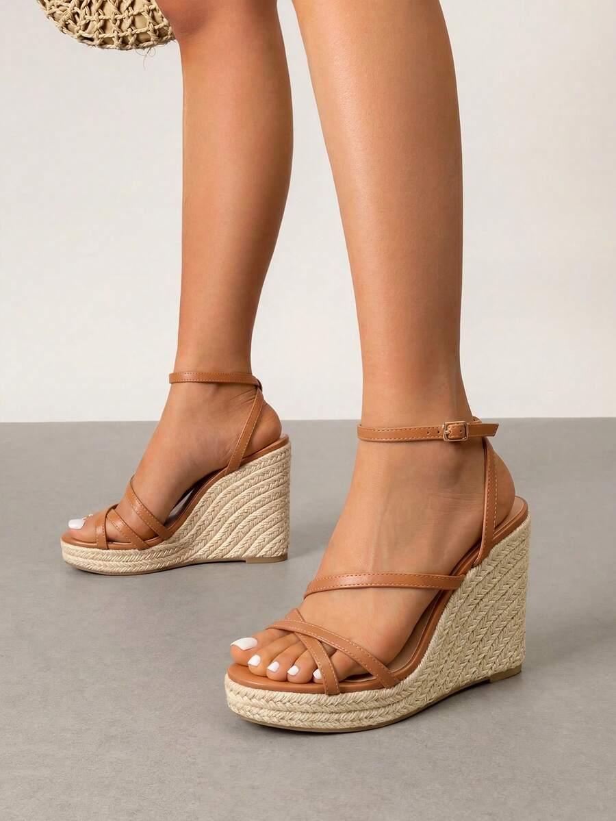 Women's Wedge Sandals Strappy Espadrille Platform Open Toe Dressy Summer Comfortable Cushioned Insole  Ankle Strap Buckle Sandals - Camel - View 1
