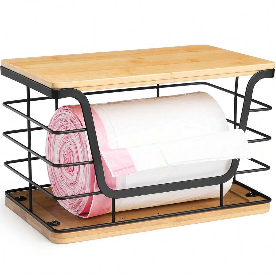 Storage Stackable Kitchen Laundry Organizers With Bamboo Top, Large Trash Bag Holder And Small Garbage Bag Dispenser For Countertop Organization - Bộ 1 chiếc - Đế tre cỡ XL màu đen - Xem 1