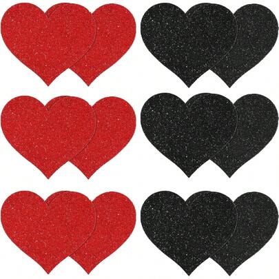 6 Pairs Glitter Nipple Breast Covers Valentine's Heart Shaped Nipple Stickers Disposable Nipple Pasties Bra Petals Covers Women Red