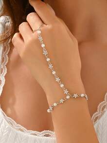 1 pieza Elegante y versátil pulsera de cadena con flores y perlas falsas hecha a mano, joyería encantadora para que las mujeres usen a diario y en fiestas - Plateado - Ver 1