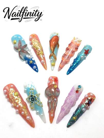 10-Piece 5.4 Cm Pure Handmade High Heels-Style Wear-On Nails, Adorned With Rhinestones, Starfish, Jellyfish, And Fish Decorations. A Ready-To-Wear Nail Set, Suitable For Women And Girls, Ideal For Valentine's Day, Parties, Holidays, And Daily Wear. Nail Accessories, Acrylic Nail Sets, Hand-Pressed Manicures, Fake Nail Stickers, And Manicure Supplies.