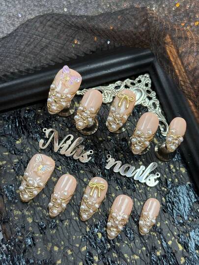10pcs Almonds Nail Acrylic Kit, Light Pink Nails, Golden French Nails, Using Golden For Hand Drawn Asymmetric Line Patterns, 3D Transparent Butterflies&Golden Metal Bows&Multiple White Pearls And Other Nail Accessories, Ballet Girl Style, Y2K Style Nail Art Set, Suitable For Women And Girls, Festivals, Daily, Party, Gatherings And OtherPlaces Use(Includes: A Piece Of Jelly Glue And A Friction Strip) Nail Stuff