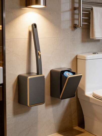 1 Set Of Newly Upgraded Wall-Mounted Toilet Cleaning Kit, Luxury High-End Bathroom Toilet Cleaning System With Replaceable Disposable Brush Heads, Gold-Edged Decoration, Hands-Free Bucket Brush, Comes With Cleaning Agent, 3 Replaceable Brush Head Colors, Bathroom Decor Accessories, Suitable For Cleaning Toilet, Sink, Bathtub, Bathtub Brush, Bathroom Tools, Toilet Accessories, Bathroom, Bathroom Cleaning Tool Set.