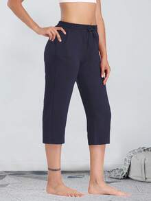 Women's Comfort Yoga Capri Pants With Drawstring & Pockets, Straight Wide Leg Sweatpants For Sports And Casual - 海軍 - 查看 3