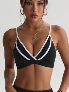 女士纯色可拆卸衬垫可调节肩带运动针织文胸 - 黑與白 - 查看 5