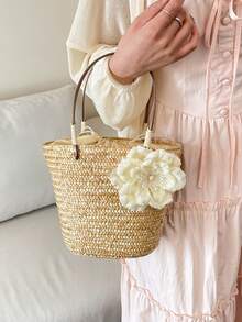 女士时尚草编手提包，大容量单肩托特包，多功能办公旅行包，沙滩必备，沙滩用品及夏季必需品，潮流沙滩包 - 卡其色 - 查看 4