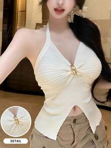 2026 Spring/Summer New Sexy Metal Buckle Twist Halter Neck Knit Camisole Top, Slim Fit Revealing Slit Casual Versatile Layering Undershirt For Girls & Young Ladies - Apricot - View 1