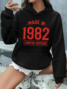 Women's 1982 Limited Edition Vintage Hoodie - Red "MADE IN 1982" Pattern Pullover, Comfortable Long-Sleeve Winter Sweater With Front Pocket, Casual Fall/Winter Outfit For Everyday And Special Occasions, Vintage 80s Style Set - 黑色 - 查看 1