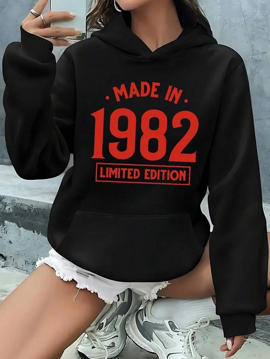 Women's 1982 Limited Edition Vintage Hoodie - Red "MADE IN 1982" Pattern Pullover, Comfortable Long-Sleeve Winter Sweater With Front Pocket, Casual Fall/Winter Outfit For Everyday And Special Occasions, Vintage 80s Style Set - 黑色 - 查看 1