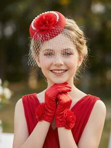 2pcs/Set Red Tulle Rhinestone Bow Fascinator Hat + Bow Gloves For Girls & Teens, Wedding Photography Props, Party Photobooth Accessories, Wedding Decor - Red - View 8