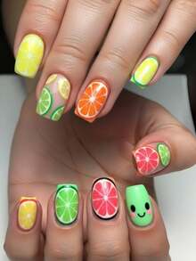 24片清爽水果笑脸美甲贴。柠檬、青柠、葡萄柚图案，假指甲，按压式美甲，美甲用品，Y2K风格美甲，方形美甲，美甲艺术 - 彩色 - 查看 8