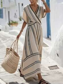 Vestido feminino novo estilo boémio às riscas elegante de verão - Caqui - Ver 3