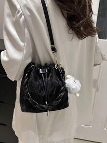 女士抽绳迷你水桶包，绗缝休闲户外单肩包 - 黑色 - 查看 5