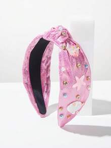 1 pieza Diadema ancha con nudo de tela con lentejuelas de unicolor estilo coreano, corona de piedras preciosas minimalista, decoración de estrella de mar y concha, accesorio de cabello elegante y dulce, adecuado para el verano, accesorios de viaje para mujeres - FG228 - Rosa - Ver 5