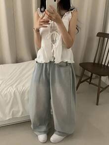 韩式荷叶边系带无袖背心 - 白色 - 查看 5