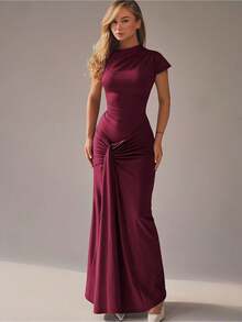 Stylish And Elegant Slim-Fitting Pleated Tie-Waist Short-Sleeved Dress For Women - 酒紅色 - 查看 1