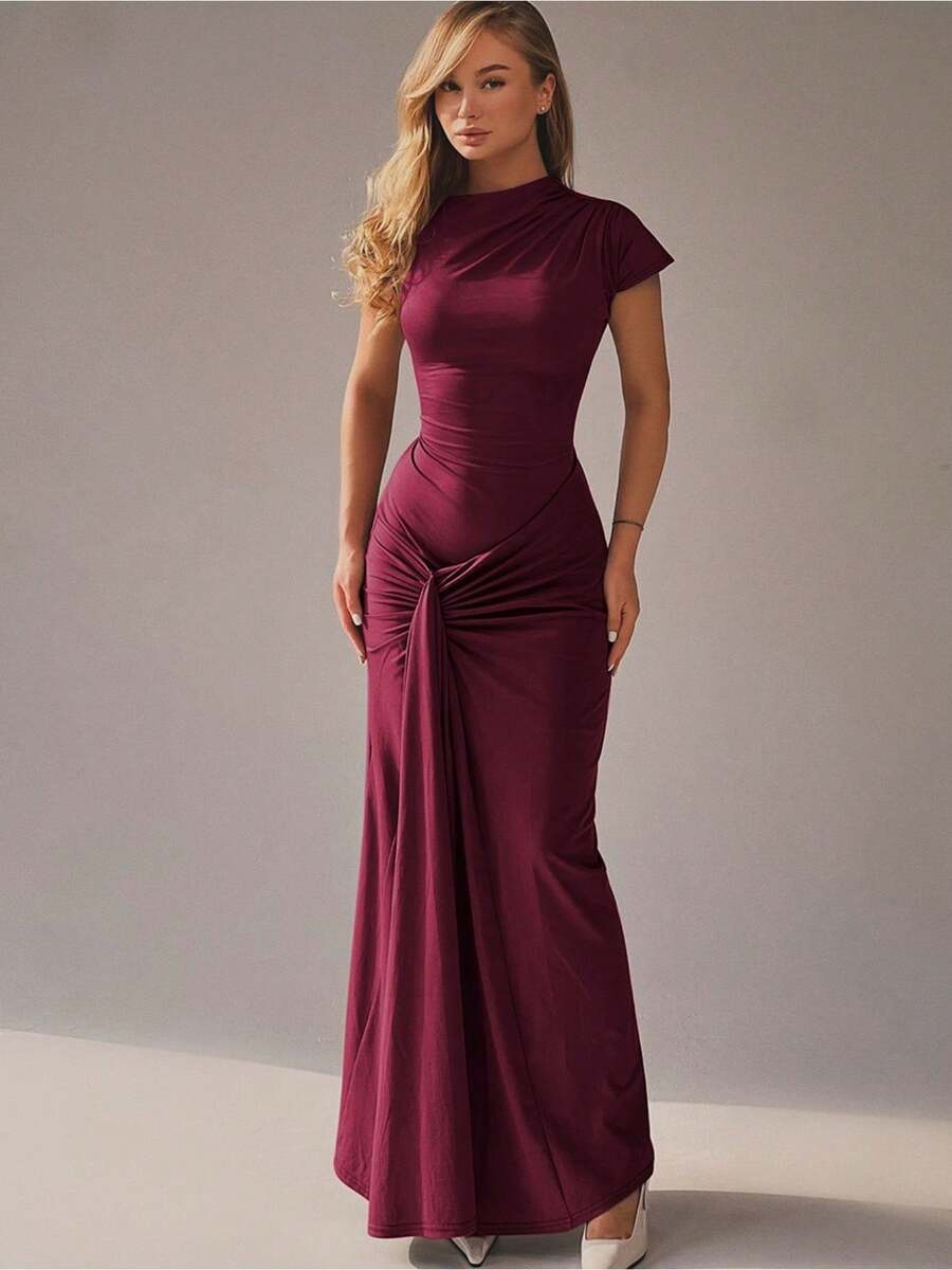 Stylish And Elegant Slim-Fitting Pleated Tie-Waist Short-Sleeved Dress For Women - 酒紅色 - 查看 1