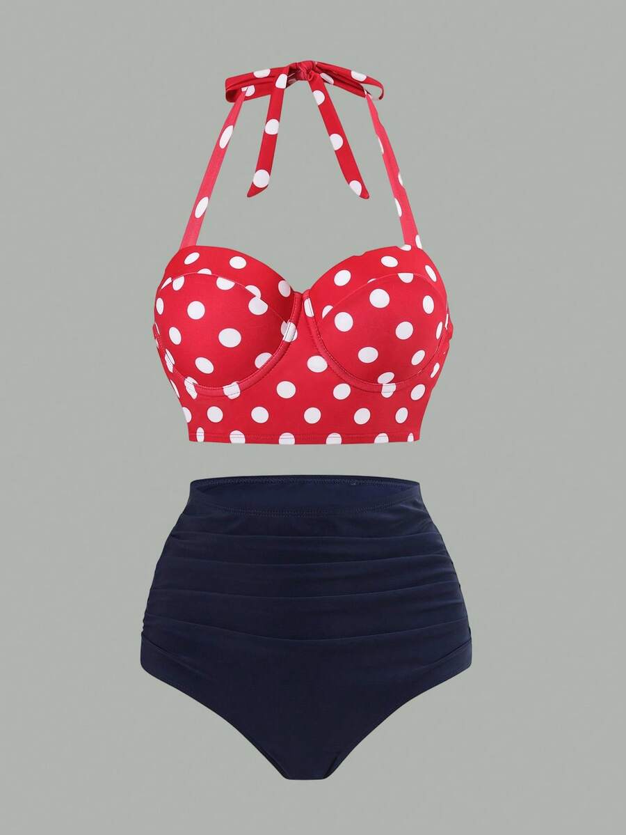 Sweetra 女士夏季波尔卡圆点印花钢圈高腰比基尼套装，度假泳装 - 彩色 - 查看 1