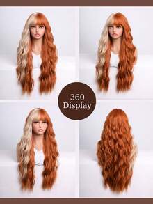 22-Inch Ginger To Golden Yellow Gradient Long Wavy Wig With Bangs | Y2K Dopamine Style Synthetic Hair - Burnt Orange - View 8