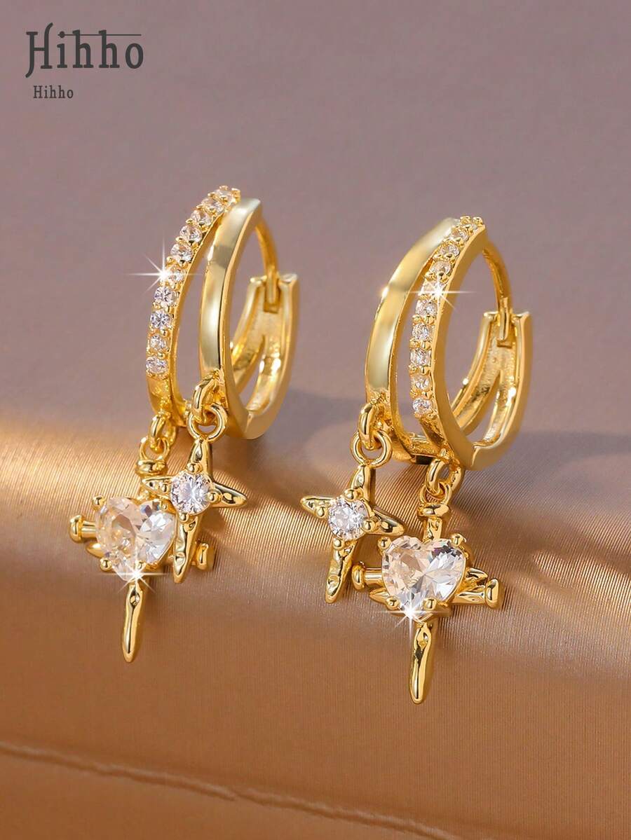 Hihho 1 Pair High-End Design French Style Double Cross & Heart Stud Earrings, Zirconia Inlaid, Versatile For Daily Wear, Festivals, Vacations, Parties, Fashionable Accessory - Cross Earrings - View 1