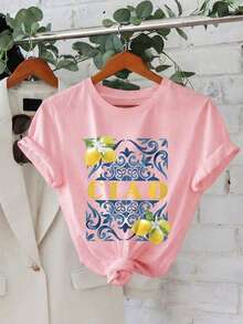 CIAO & Lemon Print Casual Round Neck Short Sleeve T-Shirt, Summer Outfits For Plus Size Women - Baby Pink - View 1