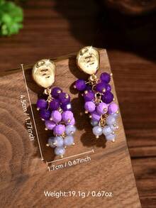 1 Pair Fresh & Fashionable Sweet Purple Dopamine Crystal Grape Cluster Earrings, Vintage Creative Handmade Beaded Grape Crystal Earrings Suitable For Women's Daily, Vacation, Party Wear (Handmade Seed Bead Color, Position And Quantity Random) - Purple - View 4