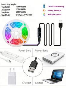 1pc RGB LED Strip Light With Remote Control, USB Powered, Supports 16 Color Changing & 8 Dynamic Modes, 6 DIY Modes, Suitable For Indoor Lighting, TV Backlight, Kitchen Decor, Party, Bar, Corridor - 44 Keys - View 5