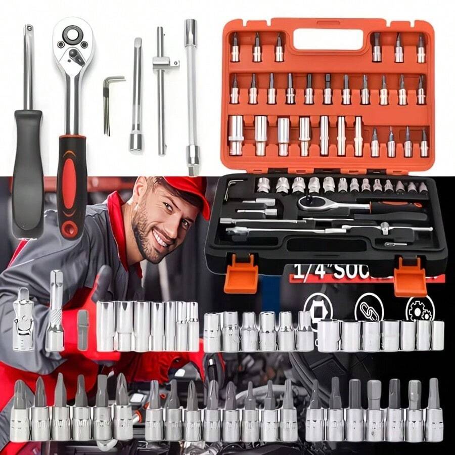 45/53pcs Tool Collection, Premium Professional Vehicle/Motorbike Repair Toolkit, 1/4 Inch Drive Deep And Standard Wrench Collection, Racing-Quality Vehicle Components Repair Ratchet Wrench And Additional Vehicle Repair Additions Toolkit - A - View 1