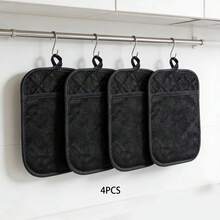 Bộ 4 găng tay và miếng lót nồi chịu nhiệt dùng trong nhà bếp, thiết kế chần bông hai mặt, thích hợp cho việc nướng bánh, nấu nướng, nướng thịt, bộ dụng cụ làm bánh nhà bếp màu đen - Xem 8