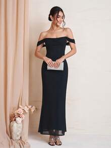 PARTHEA Elegant Black Off‑Shoulder Mermaid Maxi Dress, Draped Neck Mesh Bodycon Formal Party Long Dress - Black - View 1
