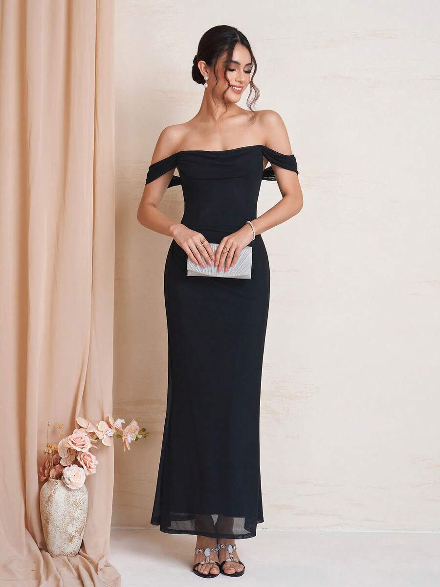 PARTHEA Elegant Black Off‑Shoulder Mermaid Maxi Dress, Draped Neck Mesh Bodycon Formal Party Long Dress - Black - View 1