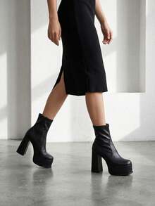 Women's Platform Ankle Boots - Chunky High Heel Side Zipper Booties For Party & Casual Wear - Black - View 3