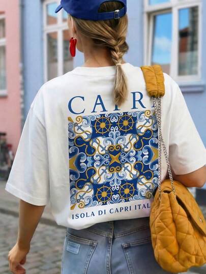 女士夏季时尚潮流字母印花宽松休闲T恤，百搭日常休闲装，度假穿搭 白色