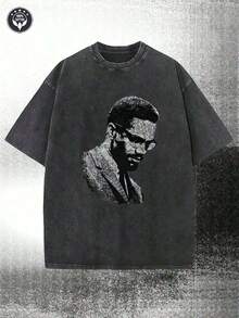 2026 Summer TopsWashed, Malcolm X Black And White Portrait Pattern Printed T-Shirt, Spring And Summer Casual Men's T-Shirt, Round Neck Cotton Shor - 黑色 - 查看 1
