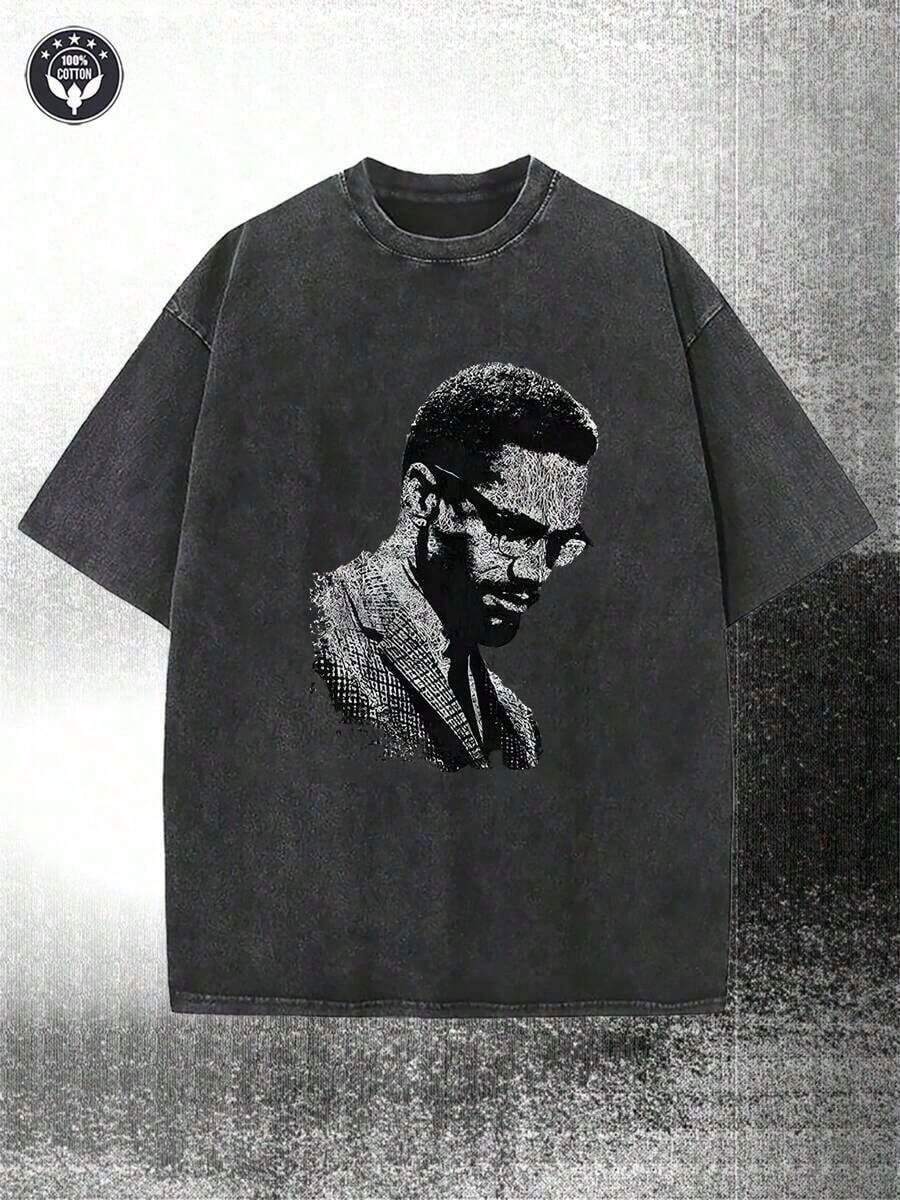 2026 Summer TopsWashed, Malcolm X Black And White Portrait Pattern Printed T-Shirt, Spring And Summer Casual Men's T-Shirt, Round Neck Cotton Shor - 黑色 - 查看 1