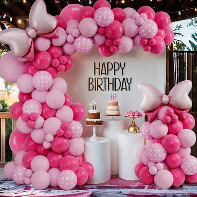 128 piezas Juego de arco de globos con temática de ratón, incluye globos de papel de aluminio con lazos, así como globos de látex en rosa intenso, rosa y lunares. Es perfecto para fiestas de cumpleaños, baby showers, primeros cumpleaños, propuestas, despedidas de soltera y decoraciones de fiestas con temática de ratón.