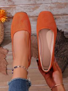 2026 Spring/Autumn New Solid Color Suede Flat Shoes, Korean Style Square Toe Candy Color Comfortable Casual Shoes, Plus Size For Export - Orange - View 6