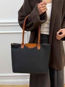 1 pieza Bolso de mano con solapa minimalista de poliéster, de gran capacidad con doble asa, adecuado para uso diario, casual, ir al trabajo, compras, escuela - Óxido marrón - Ver 2